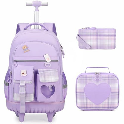 ACESAK Rolling Backpack for Girls - Roller Wheels School Bookbag with Lunch Bag & Pencil Pouch for Teen Girls Kids Wheeled Suitcase Backpacks, Elementary Middle School Travel Daypack (Purple) - color: Purple