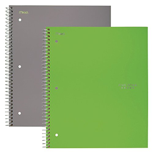 Five Star Spiral Notebooks, 2 Pack, 5-Subject, Wide Ruled Paper, 10-1/2" x 8", 200 Sheets, Gray, Lime (38434) - color: Gray, Lime