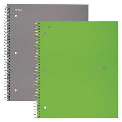Five Star Spiral Notebooks, 2 Pack, 5-Subject, Wide Ruled Paper, 10-1/2" x 8", 200 Sheets, Gray, Lime (38434) - color: Gray, Lime