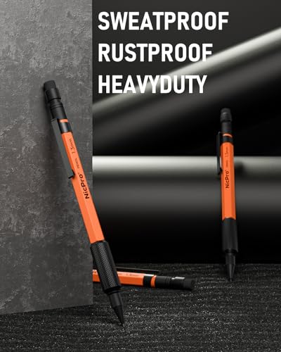 Nicpro 3 PCS 1.3 mm Orange Mechanical Pencils Set with 66 Lead Refill, 3 Eraser - Weatherproof Metal Barrel, Heavy Duty Carpenter Pencil MP2000 for Outdoor Marking Drafting Drawing Woodworking - style: 3 Pack (Orange)