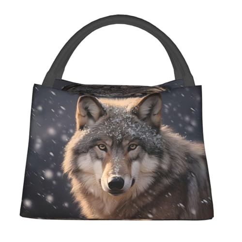 Wolf Insulated Lunch Box for Nature Animal Lovers, Winter Snow Wolves Portrait Pattern Tote Lunchbags, Reusable Cooler Lunchbox & Makeup Bag Gifts for Work, School, Picnic, Office - color: Wolf