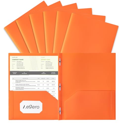Aegero Folders with Pockets and Prong with Fasteners (6 Pack,Orange),Durable Plastic Pocket Folders with Prongs,Tear Resistant,2 Pocket 3 Prong Folders for Schoolwork & Office,Letter Size - color: Orange, size: 1 Set（6pack）