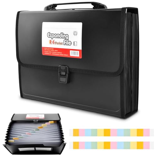 26 Pockets Letter Size/A4 Accordion File Organizer,13.19 * 9.65 * 2.76inch Fireproof Expanding Accordion File-Organizer with Lock & Labels,for Important Document/Paper Storage