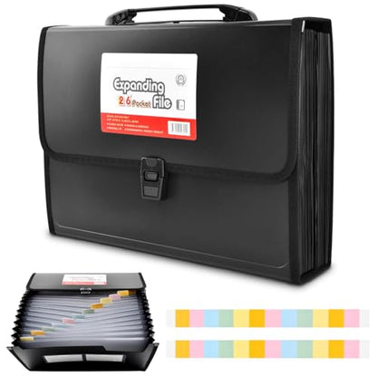 26 Pockets Accordion File Organizer with Lock & Handle, Waterproof Expanding File Folder with Labels, for Letter A4 Bills Receipts Home Office School