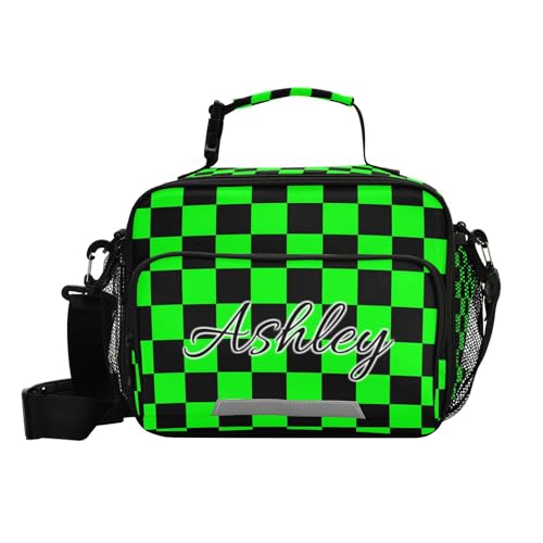 Custom Student Lunch Bag for Boys Girls Green Black Checkerboard Personalized Lunch Box With Name Insulated Cooler Bag for School Picnic Travel - color: Multi18