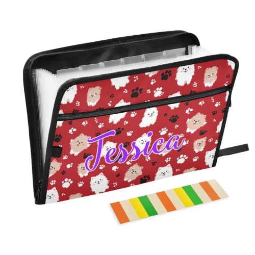 Kcldeci Custom Expanding File Folder with 13 Pockets,Pomeranian and Dog Paws Personalized Accordion Document Organizer with Labels, A4 Letter Size Portable Paper Storage for Office School Home Travel - color: Pomeranian and Dog Paws