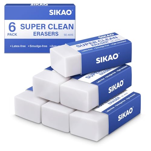 White Erasers, 6 Pack Block Pencil Erasers | Smudge-Free Latex-Free, Erasers, Clean Erase for Homework, Office & Drawing (Art Use) - style: White