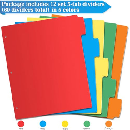 V-Opitos 12 Set 5-tab Index Dividers for 3 Ring Binders, Bulk Plastic Multicolor Dividers with 3 Holes Punched, Ideal School & Office Supplies