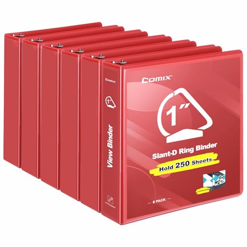 COMIX Sturdy 1 Inch Binders 3 Ring with Clear View Cover, 1" Slant-D Ring View Binder Holds 225 Sheets of US Letter Size Paper, 6 Pack (Red) - color: Red, size: 1 inch