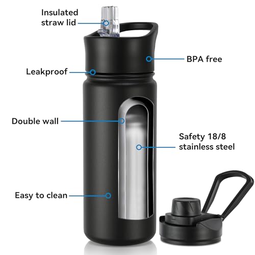 16 oz Insulated Water Bottle with Straw Lids, Stainless Steel Kids Water Bottles for School, Double Wall Vacuum Metal Water Bottle with Straw & Wide Mouth Lid, Black 4 Pack - color: Black, size: 16oz-4 Pack