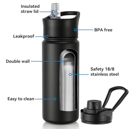 16 oz Insulated Water Bottle with Straw Lids, Stainless Steel Kids Water Bottles for School, Double Wall Vacuum Metal Water Bottle with Straw & Wide Mouth Lid, Black 8 Pack - color: Black, size: 16oz-8 Pack