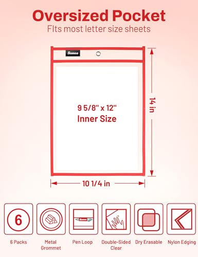SUNEE 6 Packs Oversized Reusable Dry Erase Pocket Sleeves with Ring, Red 10x14 Ticket Holders, Clear Plastic Sheet Protectors, Teacher School Classroom Supplies - color: Red, style: 6 Pack