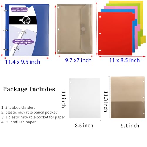 Pivotable Refillable Notebook, 1 Inch 3 Ring Notebook Binder, 50 College Ruled Paper, 5 Subject Notebook with Dividers and Folder Pockets, Tabs- Blue - color: Blue, size: 1 PCS