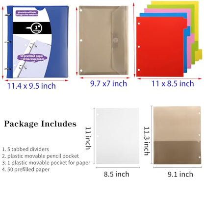 Pivotable Refillable Notebook, 1 Inch 3 Ring Notebook Binder, 50 College Ruled Paper, 5 Subject Notebook with Dividers and Folder Pockets, Tabs- Blue - color: Blue, size: 1 PCS