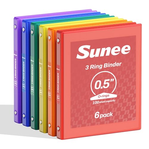 SUNEE 1/2 Inch Binders 3 Ring 6 Pack, 3 Ring Binders Half Inch Clear View PVC-Free (Fit 8.5x11 Inches) for School Binder or Office Binder Supplies, Classic 6 Colors - color: Classic Assortment, size: 0.5 Inch