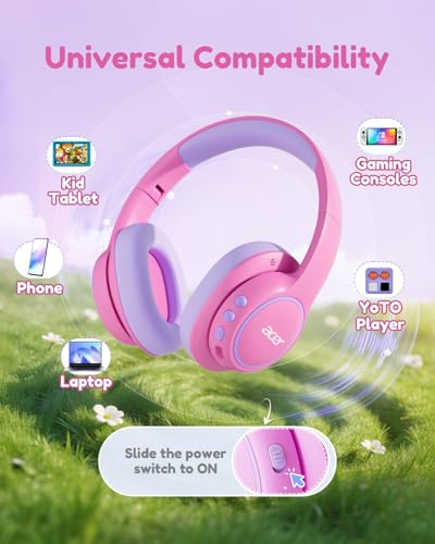Acer Kids Bluetooth Headphones, Over Ear Headphone for Kids with Mic, 75H Playtime, 85dBA Safe Volume, Bluetooth 6.0, USB C Fast Charging, Toddler Headphones for iPad/Tablet/Travel/School-Pink | 75H Playtime, Bluetooth 6.0, 3.5mm Jack Aux Cord, 85dBA Safe