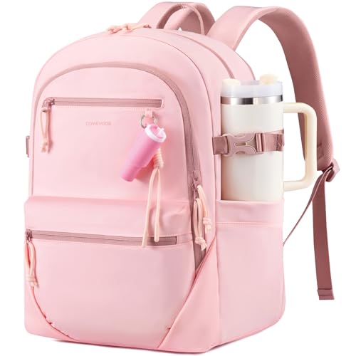 LOVEVOOK Laptop Backpack with Cute Pendant, 15.6 Inch Travel Work Backpack Computer Laptop Bag with Large Cup Holder,Waterproof Nurse Teacher College Carry on Backpack Purse,Gifts for Women & Men,Pink - color: Pink, size: 15.6 Inch