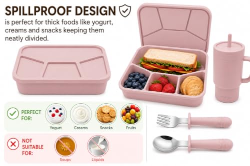 4-Piece Silicone Bento Lunch Box Set for Kids – Stainless Steel Water Cup, Spoon & Fork Included, BPA Free, Dishwasher Safe, Reusable Lunch Container - color: Dusty Pink