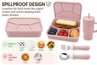 4-Piece Silicone Bento Lunch Box Set for Kids – Stainless Steel Water Cup, Spoon & Fork Included, BPA Free, Dishwasher Safe, Reusable Lunch Container - color: Dusty Pink