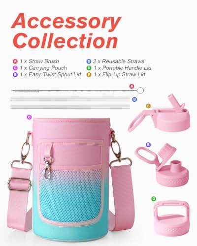 Water Bottle Insulated 64 oz with Straw & 3 Lids, Coolflask Half Gallon Water Jug Large Metal Stainless Steel Wide Mouth, Non-BPA Keep Cold 48H Hot 24H, Bubblegum Princess - color: Bubblegum Princess, size: 64 Ounces