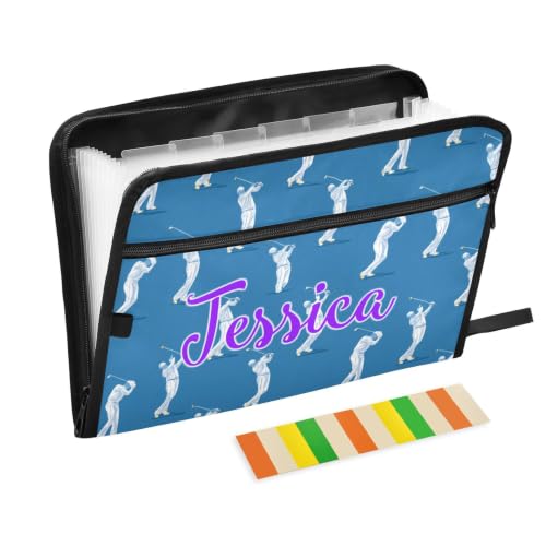 Kcldeci Custom Expanding File Folder with 13 Pockets,Golf Player on Blue Personalized Accordion Document Organizer with Labels, A4 Letter Size Portable Paper Storage for Office School Home Travel - color: Golf Player on Blue