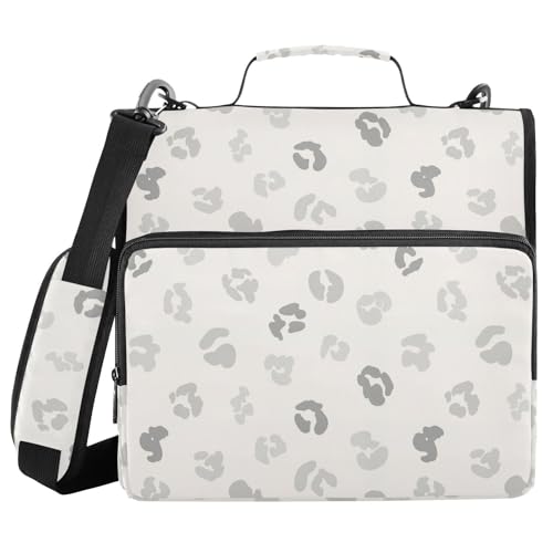 Zipper Binder Bag 3 Ring File Folder Portfolio Organizer Zippered Binder Bags with Strap Fits Laptop Women Men - color: 23-leopard Light Gray