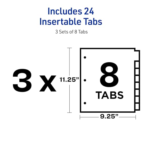 Avery Insertable 8 Tabs Two-Pocket Plastic Divider for 3 Ring Binders | 3 Sets of Durable Binder Dividers with 8 Colors Tabs & Pocket, Works with Sheet Protectors
