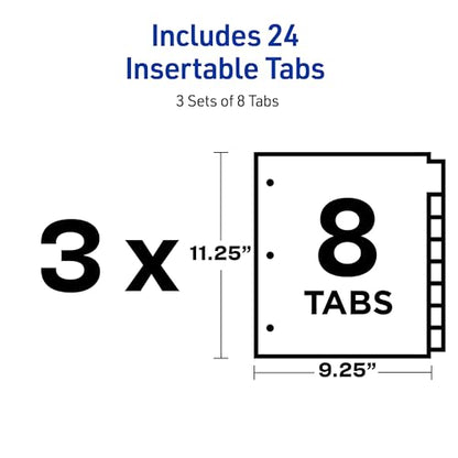 Avery Insertable 8 Tabs Two-Pocket Plastic Divider for 3 Ring Binders | 3 Sets of Durable Binder Dividers with 8 Colors Tabs & Pocket, Works with Sheet Protectors