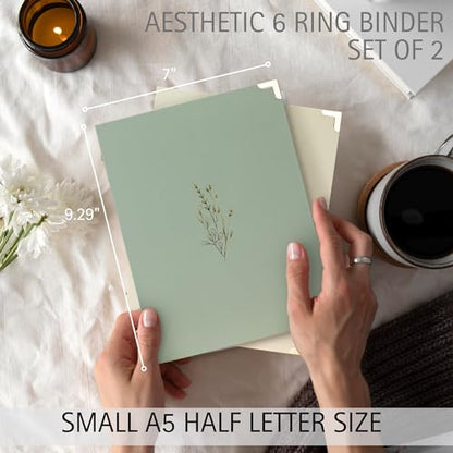 Aesthetic 6 Ring A5 Binder Set of 2 - The Perfect Small 0.75 Inch Planner Binder for Journaling or Collections - Refillable Notebook Holder with Pocket - color: Beige-green
