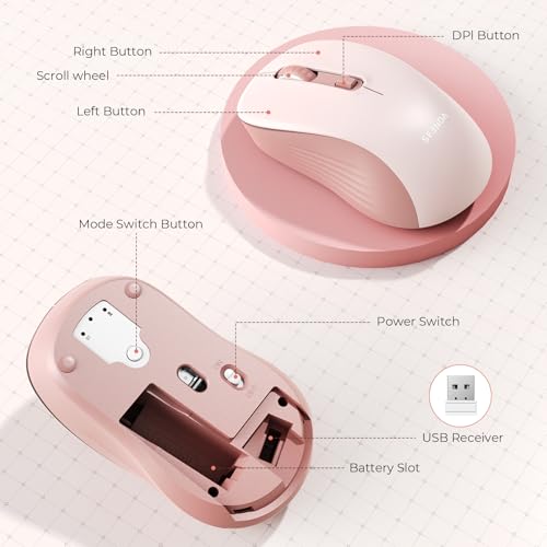 seenda Bluetooth Wireless Mouse, Bluetooth & 2.4G USB Dual Mode, Quiet Clicks, 1600 DPI Smooth Tracking, Ergonomic Design, 24-Months Battery Life, Portable Mouse for Laptop/Mac/Ipad/PC/Tablet-Pink - color: Pink