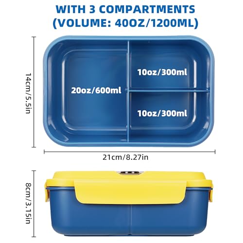 Fanhaw 40 Oz/5 Cup Bento Box for Kids, Men and Women, Lunch Box with 3 Compartments, Utensil, Microwave & Dishwasher Safe (Yellow) - color: Yellow