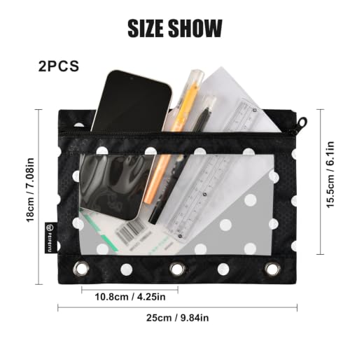 Binder Pencil Pouch for 3 Ring Binder Pencil Case Bags Black Polka Dots with Zipper Clear Window 2 Pack - color: Black Polka Dots