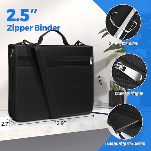 KTRIO 3 Ring Zipper Binder, 12 Tab Expanding File, 300 Sheets, Black | Durable Fabric Cover, 12 Tab Expanding File, 300 Sheet Capacity, Zipper Storage, Handle & Shoulder Strap