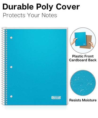 Dunwell 3 Subject Notebook College Ruled (Blue), 150 Sheets (300 Pages), Spiral Notebook 8.5 x 11, Plastic Cover, 3 Pocket Divider Folders, 3-Hole Punched Perforated Paper - color: Blue