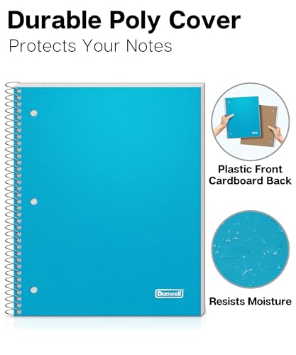 Dunwell 3 Subject Notebook College Ruled (Blue), 150 Sheets (300 Pages), Spiral Notebook 8.5 x 11, Plastic Cover, 3 Pocket Divider Folders, 3-Hole Punched Perforated Paper - color: Blue
