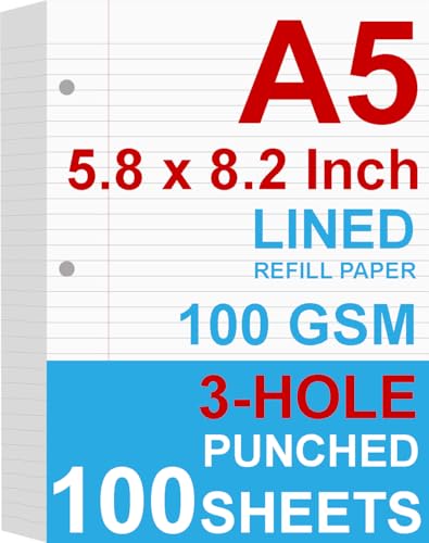 A5 Filler Paper, 3 Hole Planner Refills, Organizer, Loose-leaf Binder Paper, 100 Sheets/200 Pages, Lined, 100gsm, White, 5.8 x 8.2 Inch, 3 Hole Filler Paper, Mini Binder Refill Inserts - size: 100 Sheets
