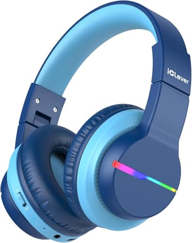 iClever BTH12 Kids Bluetooth Headphones,Colorful LED Lights Kids Headphones Wireless,74/85dBA Safe Volume,85H Playtime,Fast Charging,Bluetooth 5.2,Over Ear,Built-in Mic for iPad/Tablet/Airplane,Blue - color: B-Blue