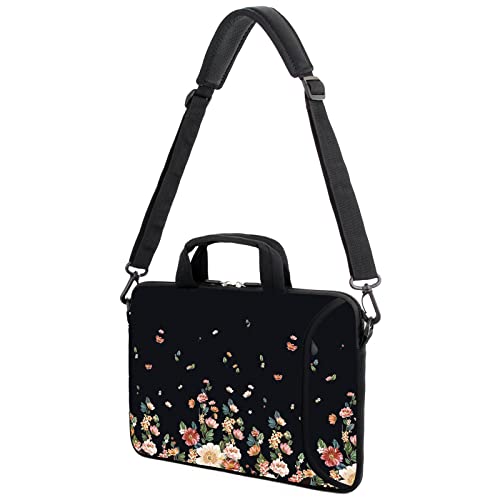 15.6" laptop sleeve chromebook case adjustable shoulder strap with handle accessory pocket (flowers) - color: Flowers