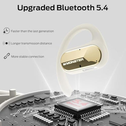 Monster Open Ear AC312 Headphones, Bluetooth 5.4 Wireless Earbuds with Noise-Cancelling Mic for Clear Calls, Powerful Sound by 16mm Large Drivers, Touch Control, 32H Playtime, IPX5 Waterproof, White