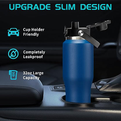 32oz Insulated Water-Bottle with Straw - Carrier Strap Bag, Keeps Cold 48h & Hot 24h, Metal Water Bottles 32 oz Cups with Lids for Gym/Hiking - color: Navy Blue, size: 32 Ounces
