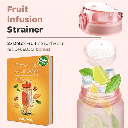 Hydracy Water Bottle with Time Marker -Large 32oz BPA Free & No Sweat Sleeve -Leak Proof Gym Bottle with Fruit Infuser Strainer & Times to Drink -Ideal for Fitness Sports & Outdoors | BPA-Free Tritan, Leakproof Flip-Top Lid,No-Sweat Sleeve,Carry Strap,Dai