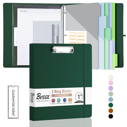 3 Ring Binder with Clipboard,1 Inch Binders with Notepad&5 Dividers with Pockets, Labels,PU Clipboards for School Office(Green,Letter Size) - color: Green, size: Letter Size - 1 Inch