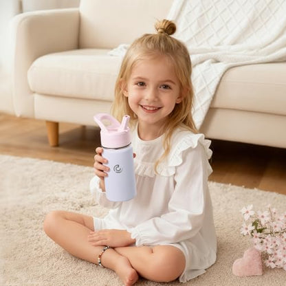 14 Oz Kids Water Bottle, Stainless Steel Water Bottle with Straws, Leak-Proof, BPA-Free, Insulated Water Bottles for School Boys & Girls|White - color: White