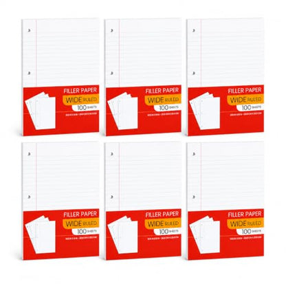 Loose Leaf Notebook Paper Wide Ruled – 10.5″ × 8″ 3-Hole Punched Filler Paper, 100 Sheets per Pack, 6-Pack (600 Sheets) – Lined Binder Refill for School, College, Classroom & Home Office - style: 6 Pack