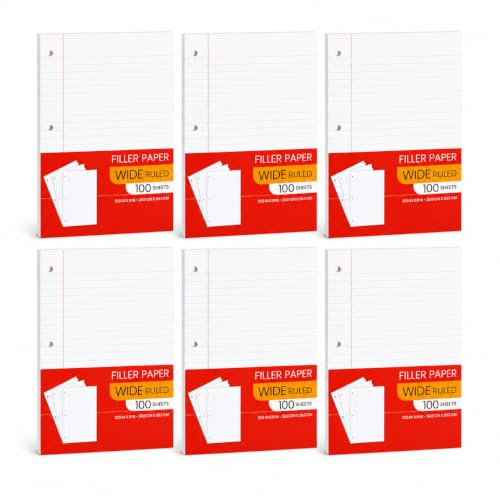 Loose Leaf Notebook Paper Wide Ruled – 10.5″ × 8″ 3-Hole Punched Filler Paper, 100 Sheets per Pack, 6-Pack (600 Sheets) – Lined Binder Refill for School, College, Classroom & Home Office - style: 6 Pack