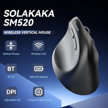SOLAKAKA SM520 Ergonomic Mouse with 24000 DPI, Vertical Mouse with Programmable Side Button, Wireless Mouse with Tri-Mode Connection - BT5.0/USB-C/2.4GHz, for Desktop, PC, Laptop (Black) - color: black