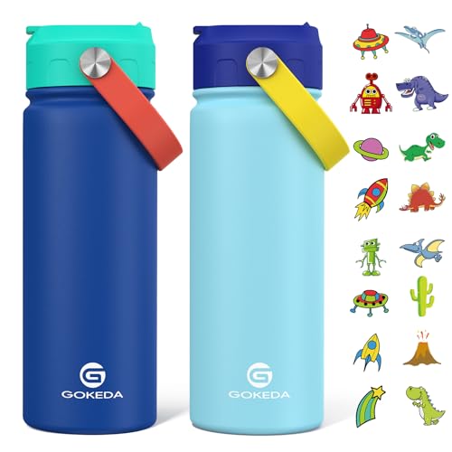 GoKEDA 18oz Kids Water Bottle, 2 Pack Stainless Steel Straw Cup - color: LightBlue Yellow+DarkGreen Blue