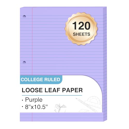 Purple Loose Leaf Paper 8 x 10.5, 120 Sheets Lined Paper College Ruled Paper, 3 Hole Punched Notebook Paper College Ruled, 3 Ring Binder Paper 8 x 10.5, Filler Paper College Ruled for Office, School - color: Purple-120 Pcs