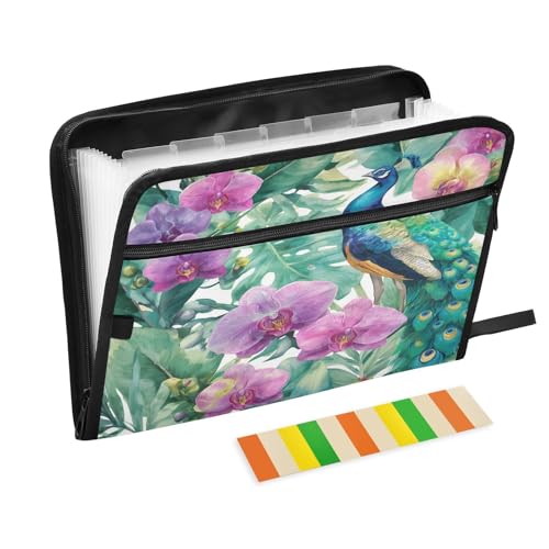 Peacocks and Purple Flowers Expanding File Organizer with 13 Pockets Accordion File Folders with Labels,Portable Document Paper Bill Receipt Organizer,Home College School Office Supplies, Lette - color: Peacocks and Purple Flowers
