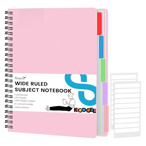 Koogel Spiral Notebook with Tabs, 5 Subject Spiral Notebook Wide Ruled with Removable Dividers, 200Pages Lined Journals for Women Journals Note Taking Work School Gifts, 8.5x11Inch, Pink - color: pink